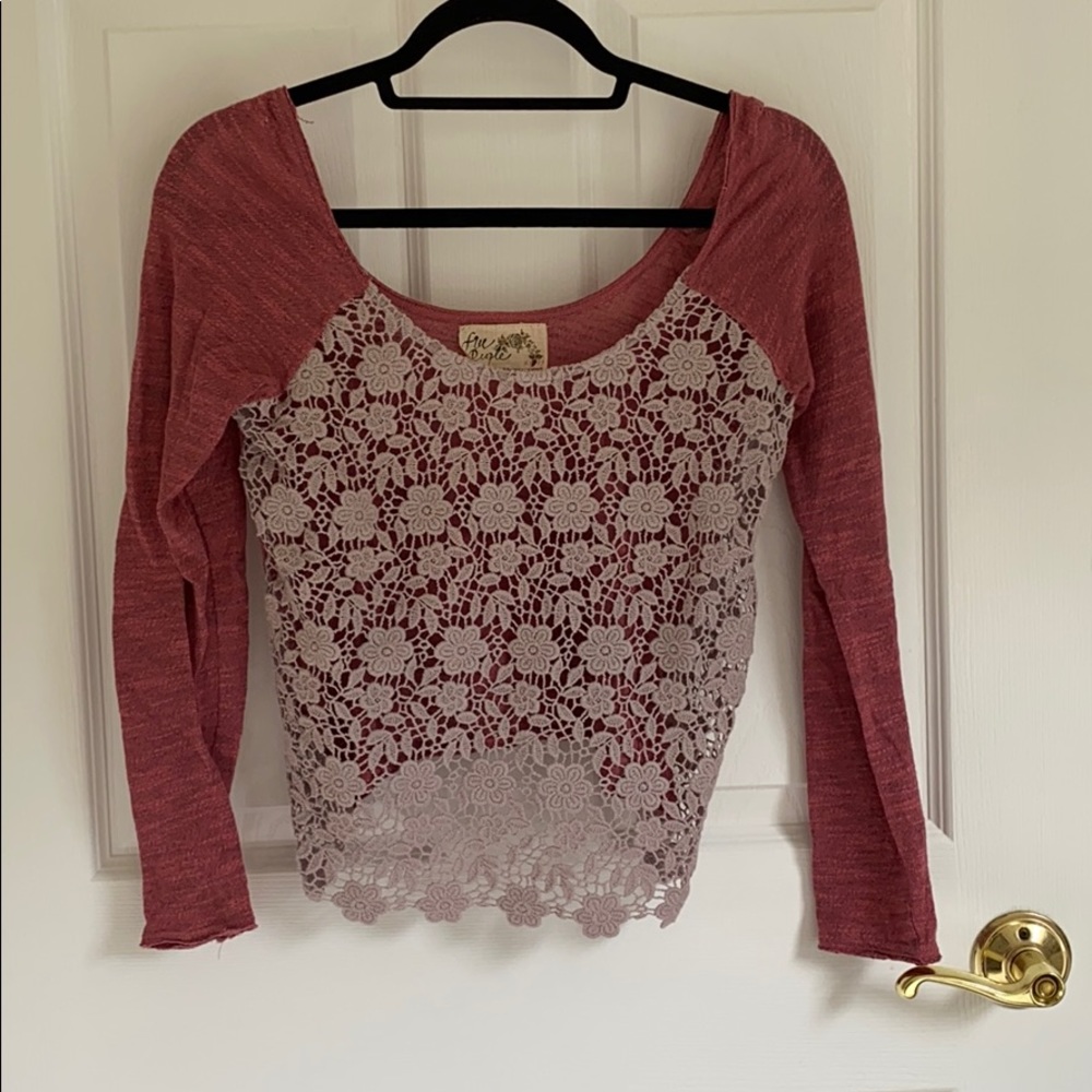 Pink crochet lace baseball shirt